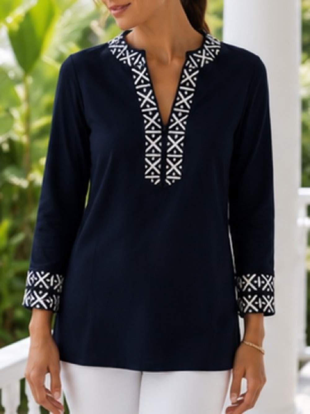 Tory Burch Ariana navy tunic embroidered trim long sleeve Size 2